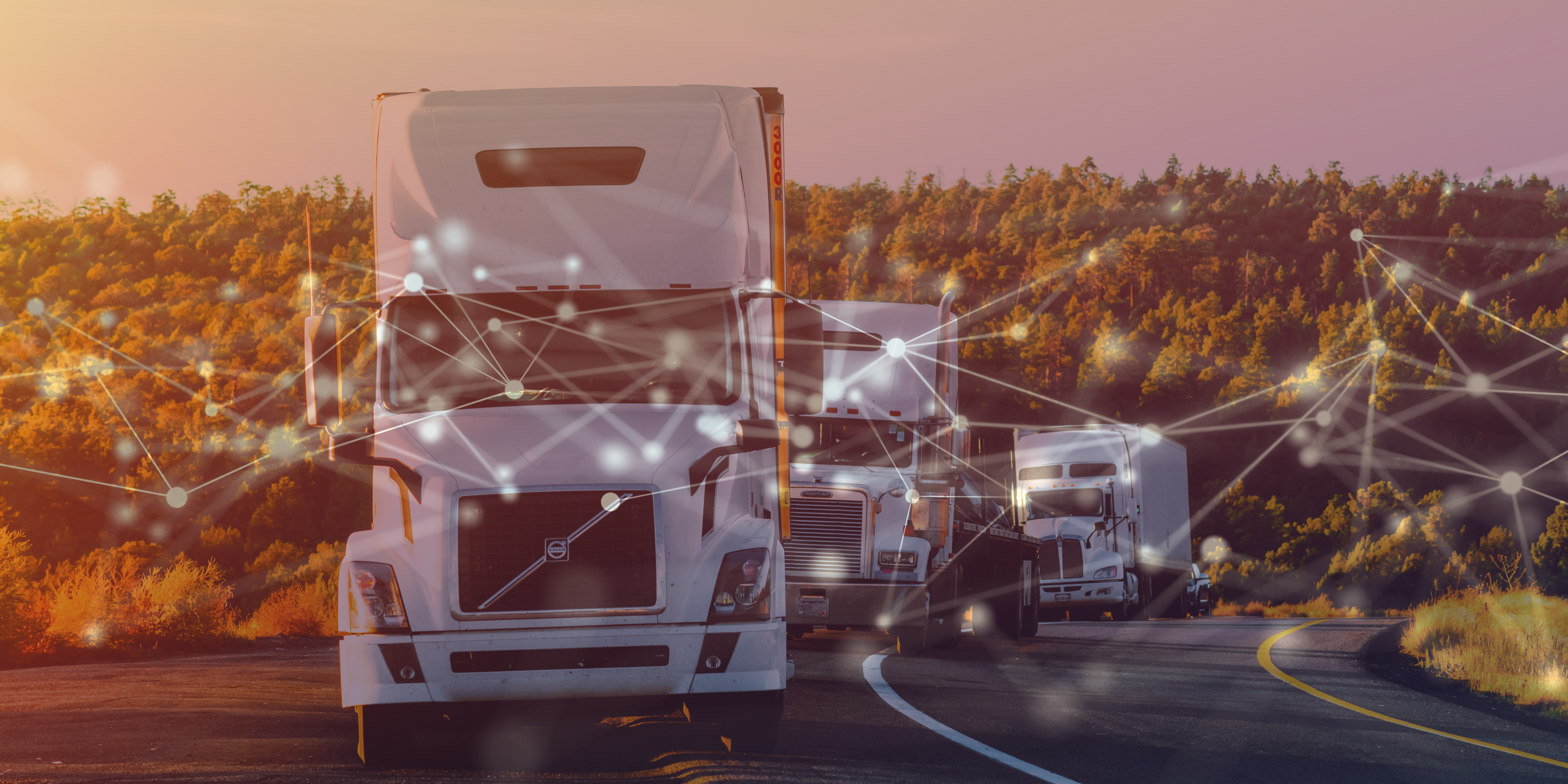 Blockchain food distribution represented by an artist rendering of connected network fibers superimposed over a row of semi trucks driving down a highway as the sun is setting.