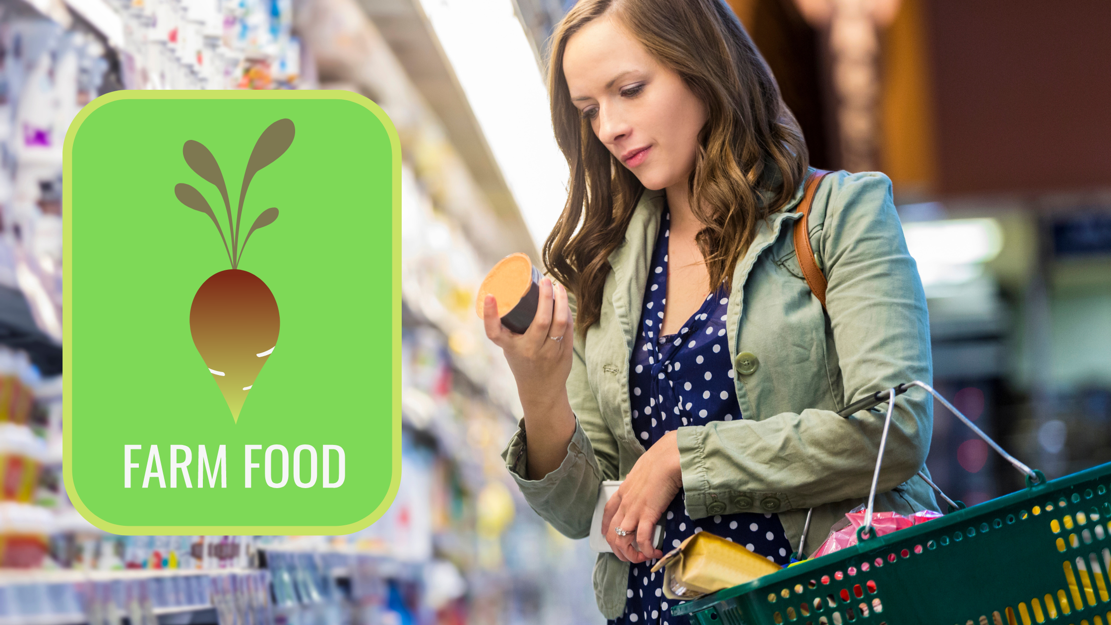 Woman in grocery store inspects the label on a package of yogurt. A graphic of a carrot with the text "Farm Food" is meant to imply the label says the ingredients are from a regenerative farm.