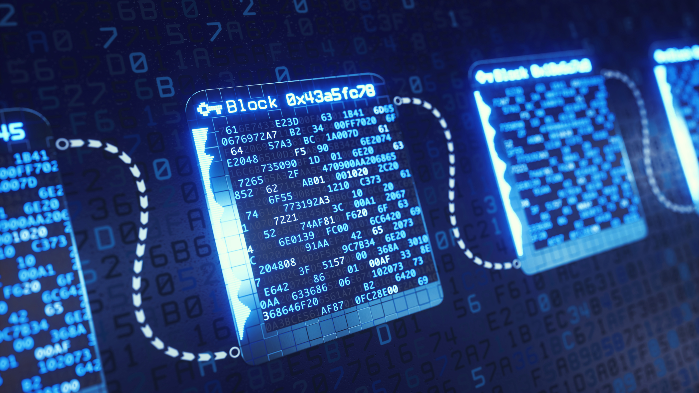 Graphic representation of blockchain. A series of blocks of digital code that are chained together.