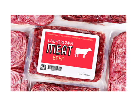 Cultivated beef in vacuum-sealed packaging. Red label reads "Lab-Grown Meat: Beef"