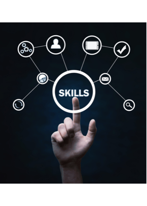 Graphic depiction of various skills represented by icones overlayed on a human hand with their index finger pointing to the words "skills"