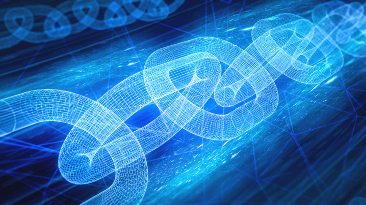 Digital artist rendering of blockchain. Represented as blue links of cyber-looking chain against a black field.