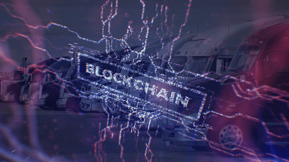 The word "blockchain" is superimposed over a row of parked semi-trucks