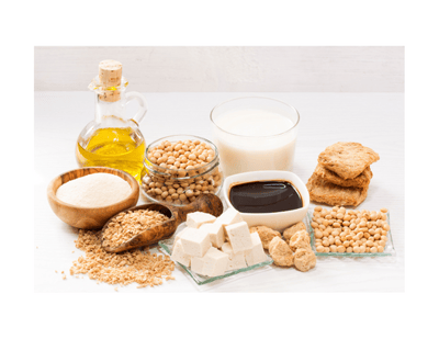 Soy protein in various forms. Soy milk, soy sauce, texturized vegetable protein, vegetable oil, tofu