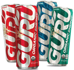 Four cans of Guru energy drink displayed in a row