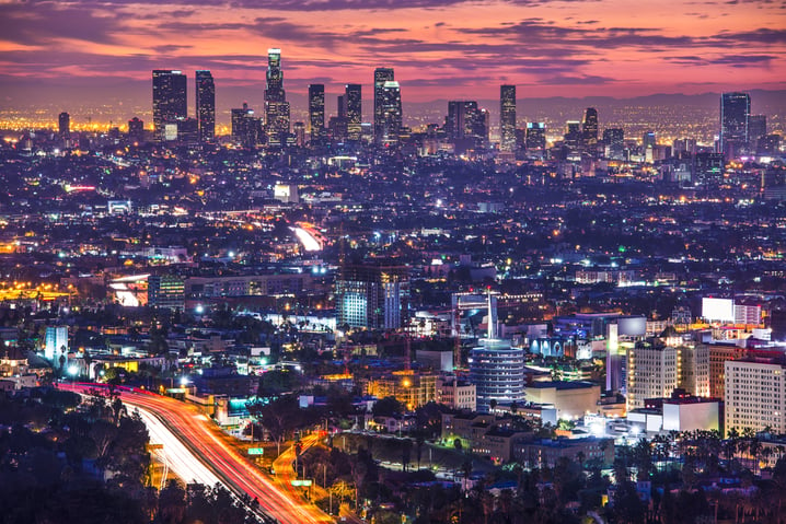 Downtown Los Angeles, California, USA skyline at dawn.