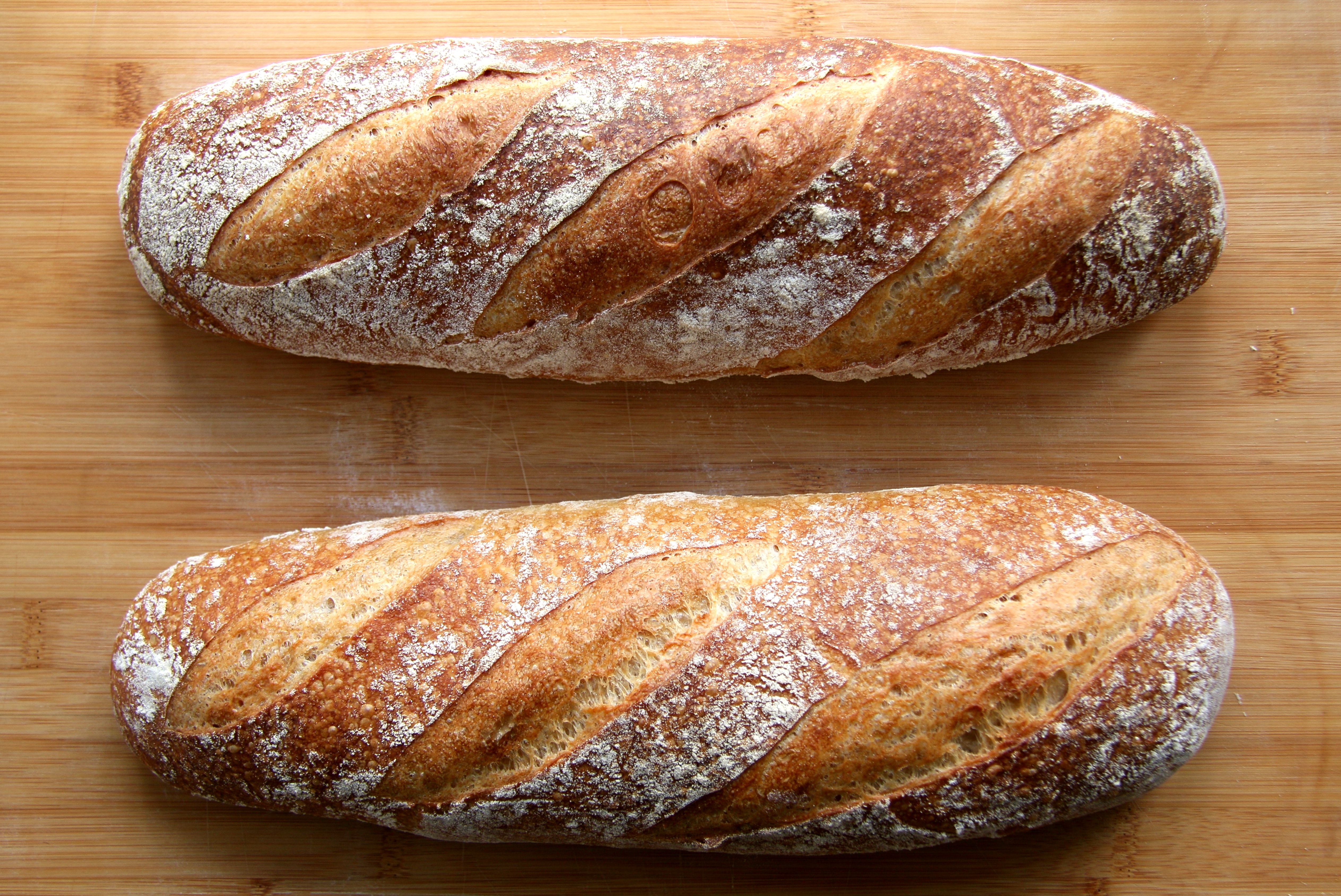 Two freshly baked baguettes