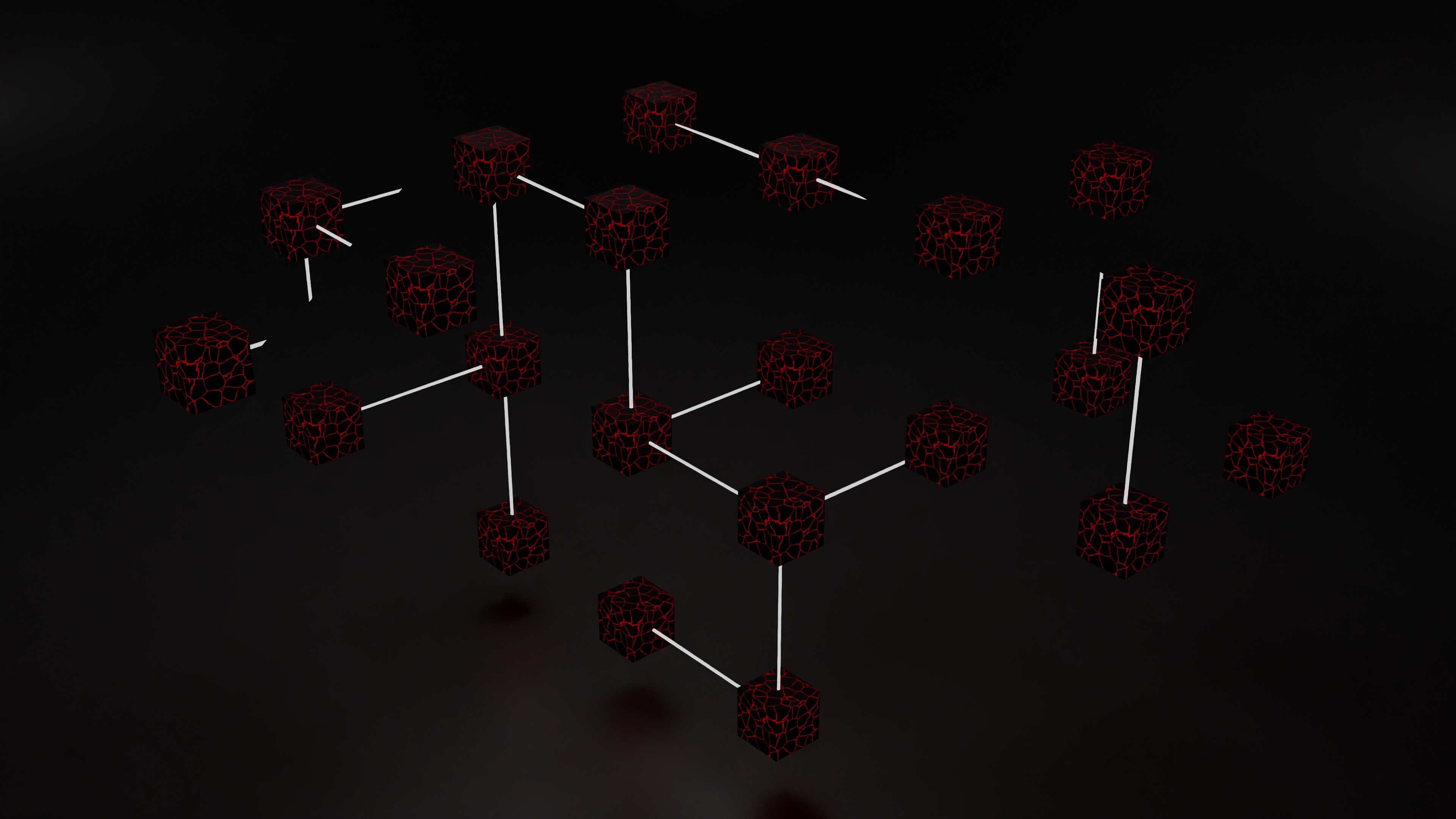 A very abstract visualization of blockchain: a series of white lines against a black background, shaping — in part — the outline of a cube