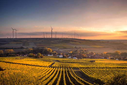 A farmland landscape with IoT powered wind turbines in the distance