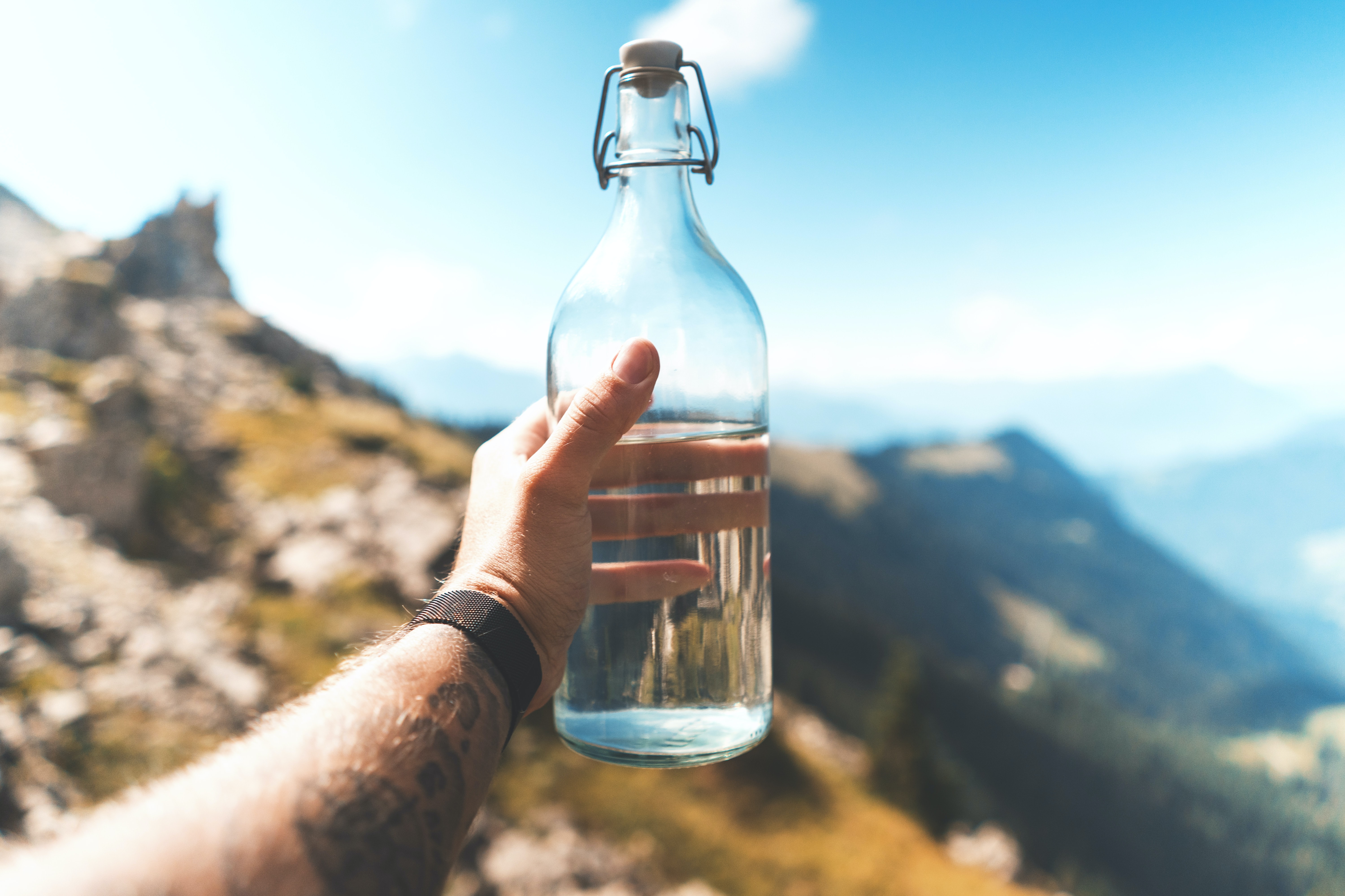 A man holds a glass bottle up against a mountain range background