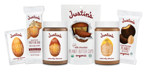 An array of Justin's products demonstrating good CPG packaging. 