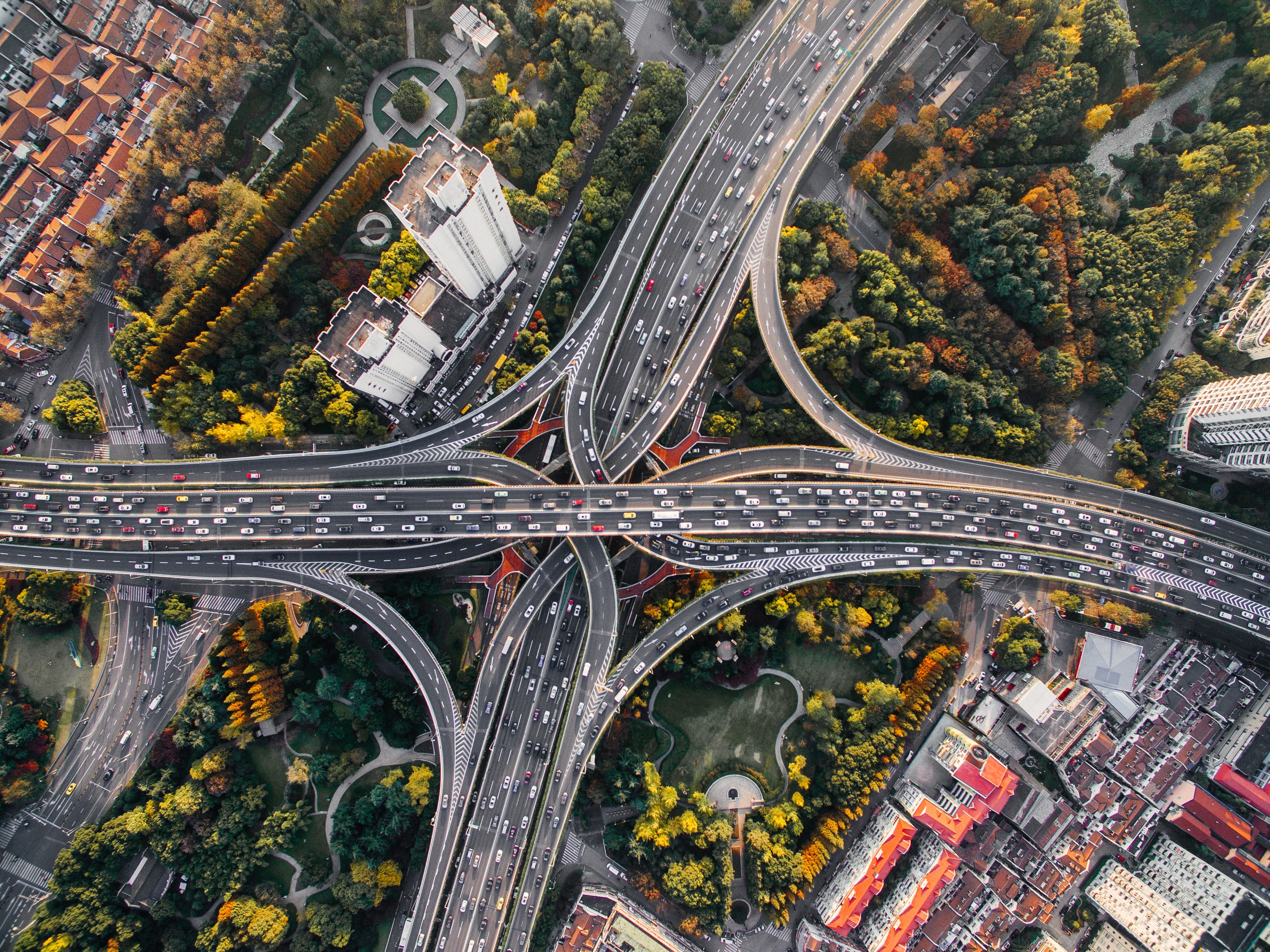 Aerial view of a busy highway intersection