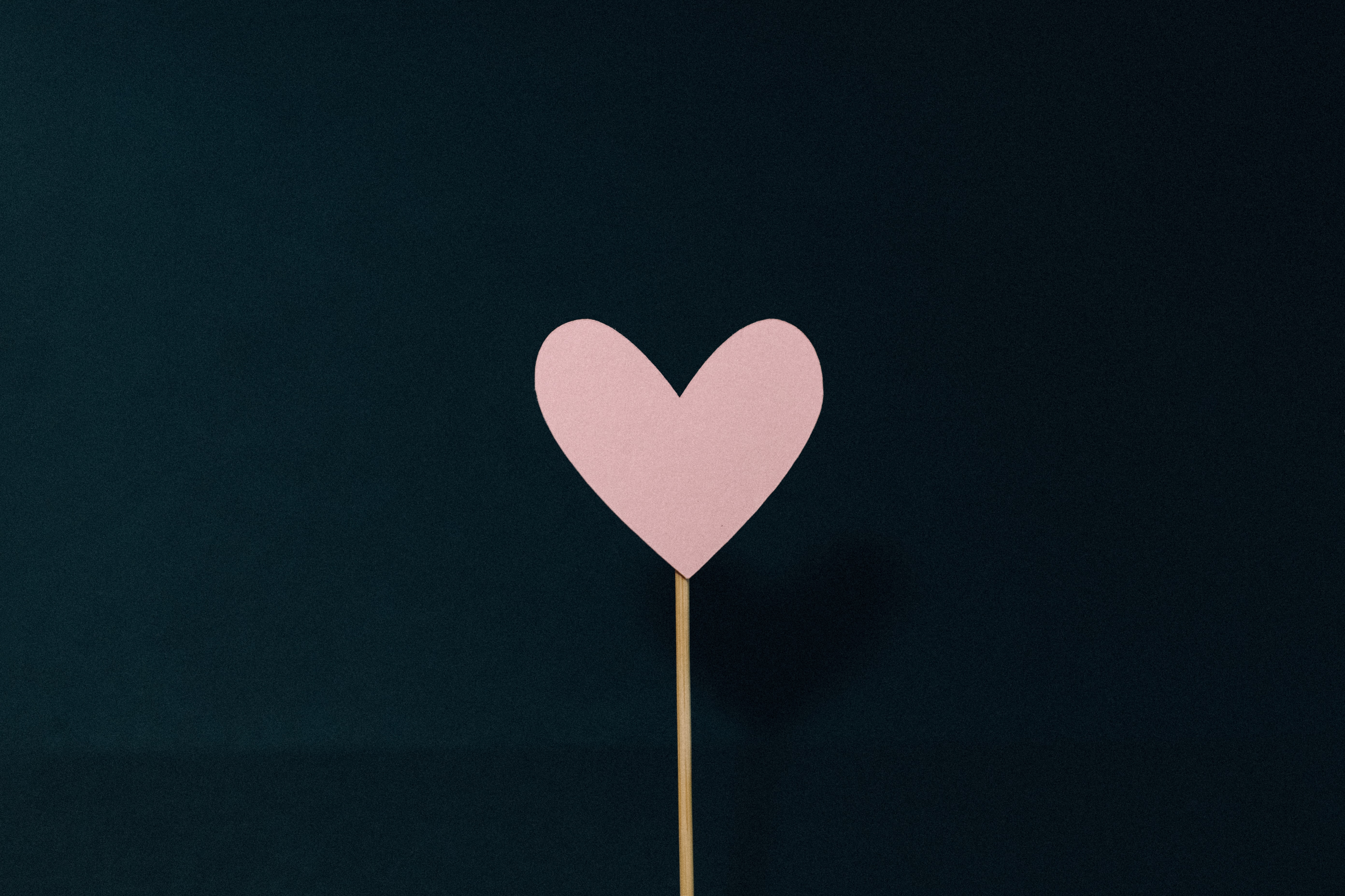 A light pink paper heart on a stick, against a black background