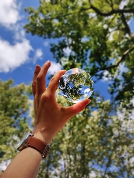 A person holds a glass sphere (like a crystal ball) up against a backdrop of the forest