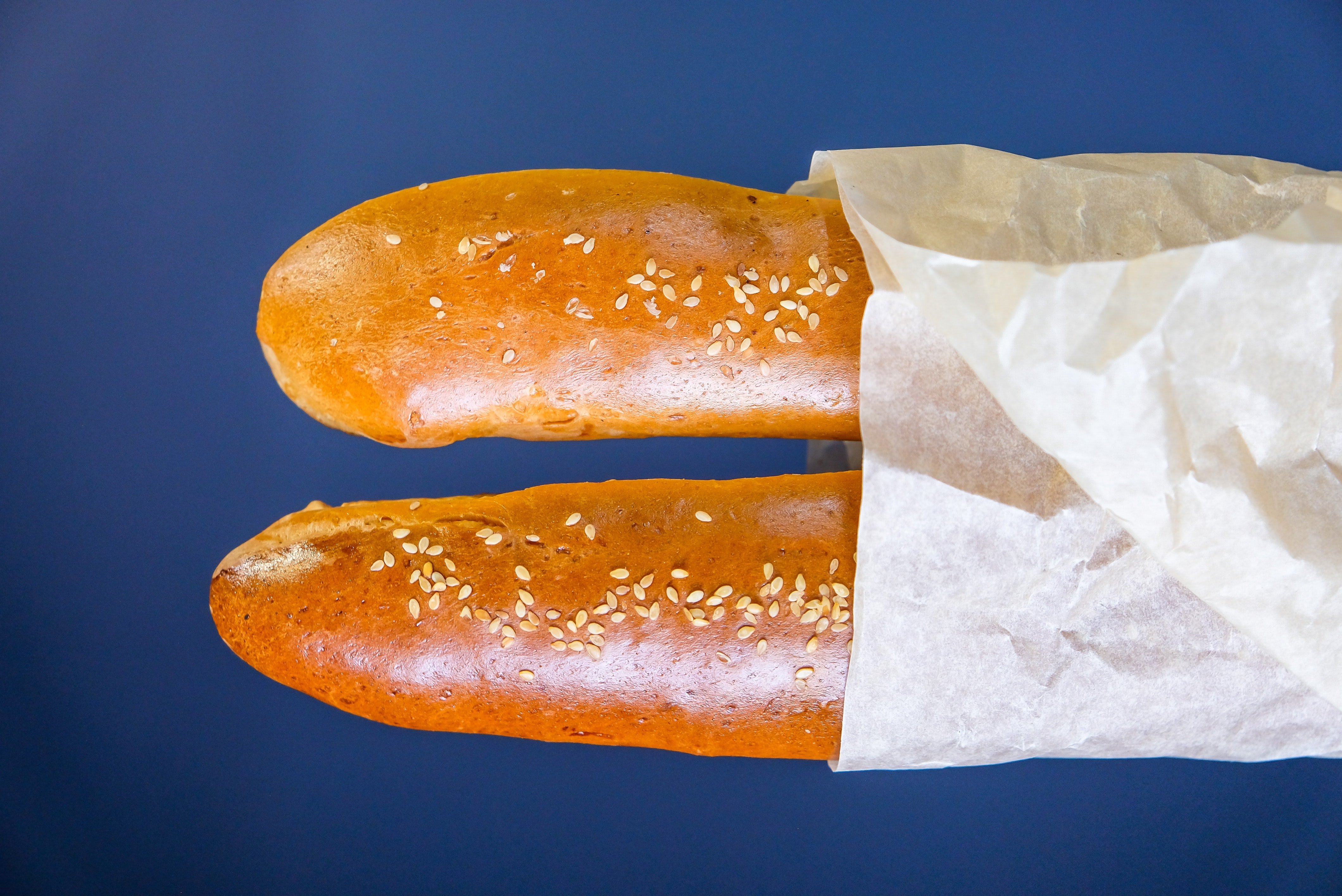 A close-up photo of two loaves of baguette bread with seeds against a blue background