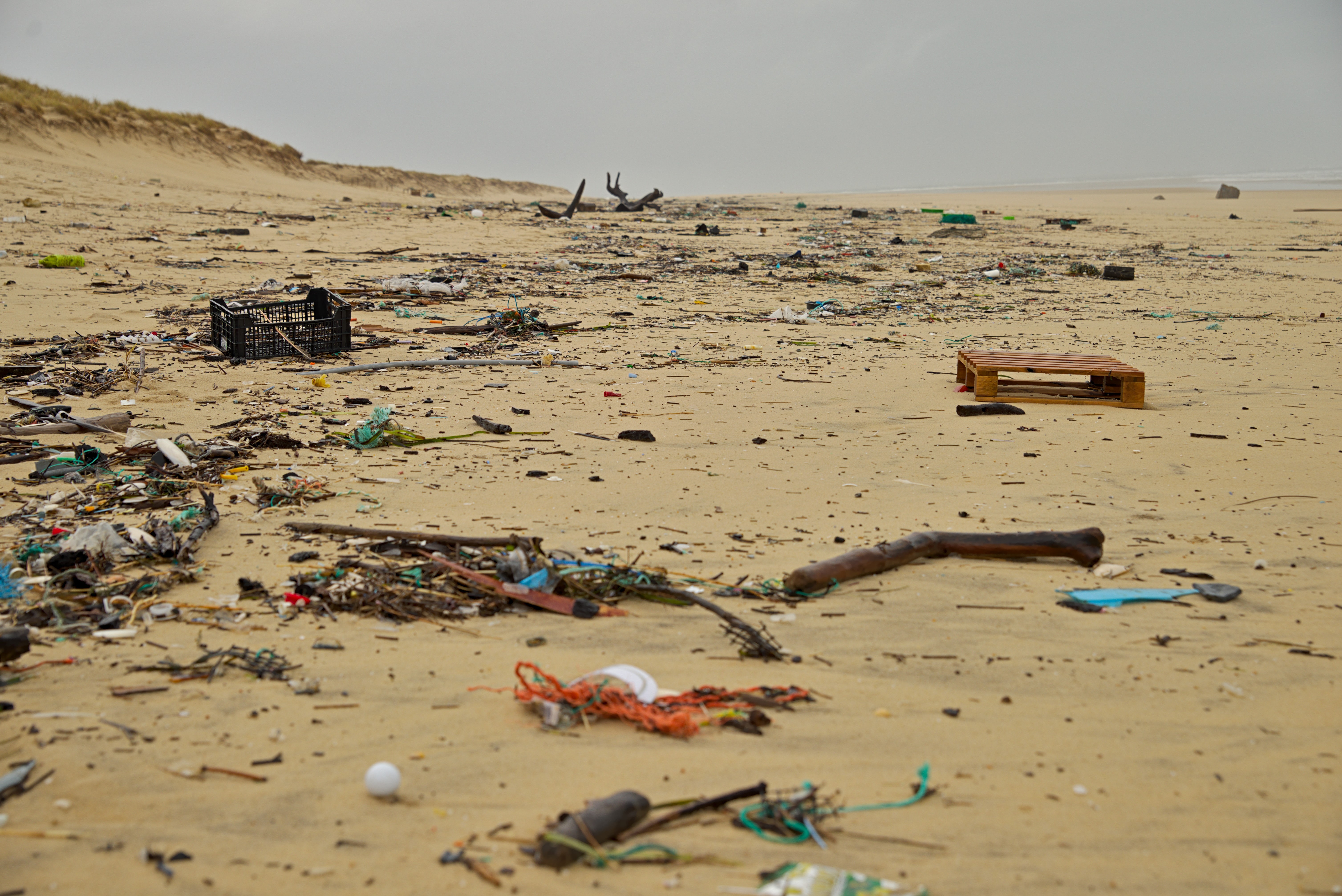 Trash littering a beach.