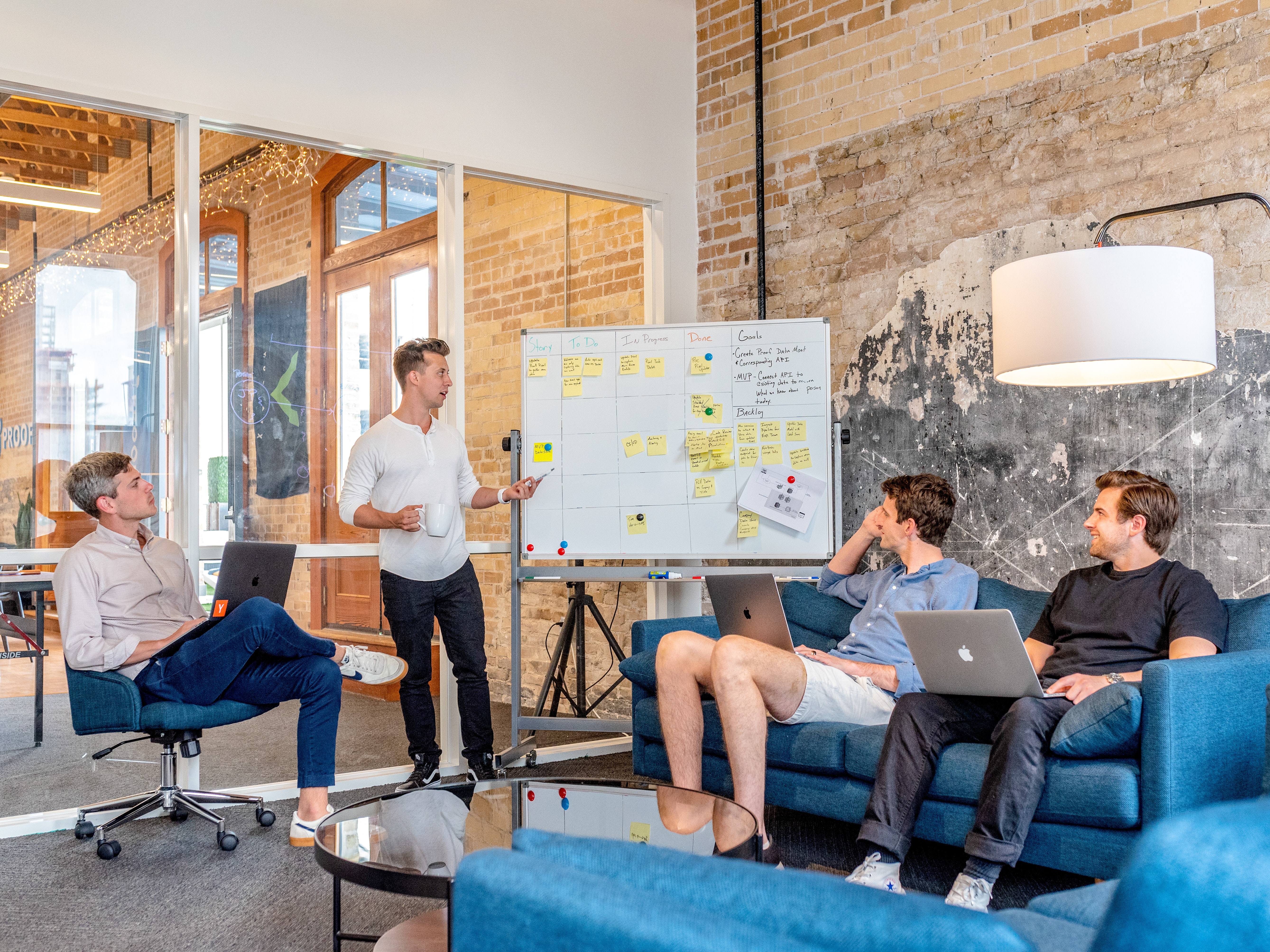 A group strategizing with a whiteboard.