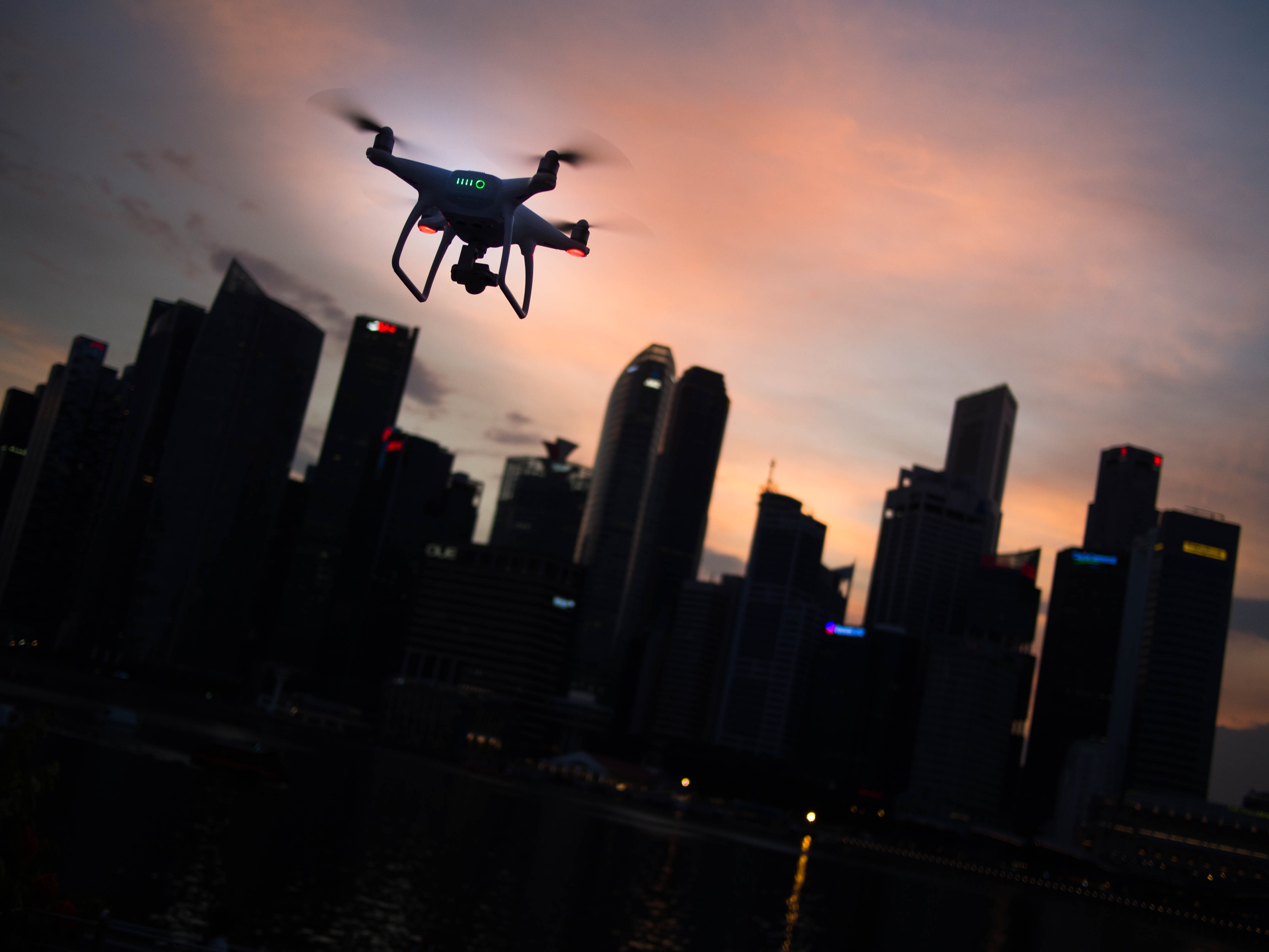 A drone flying over a city.
