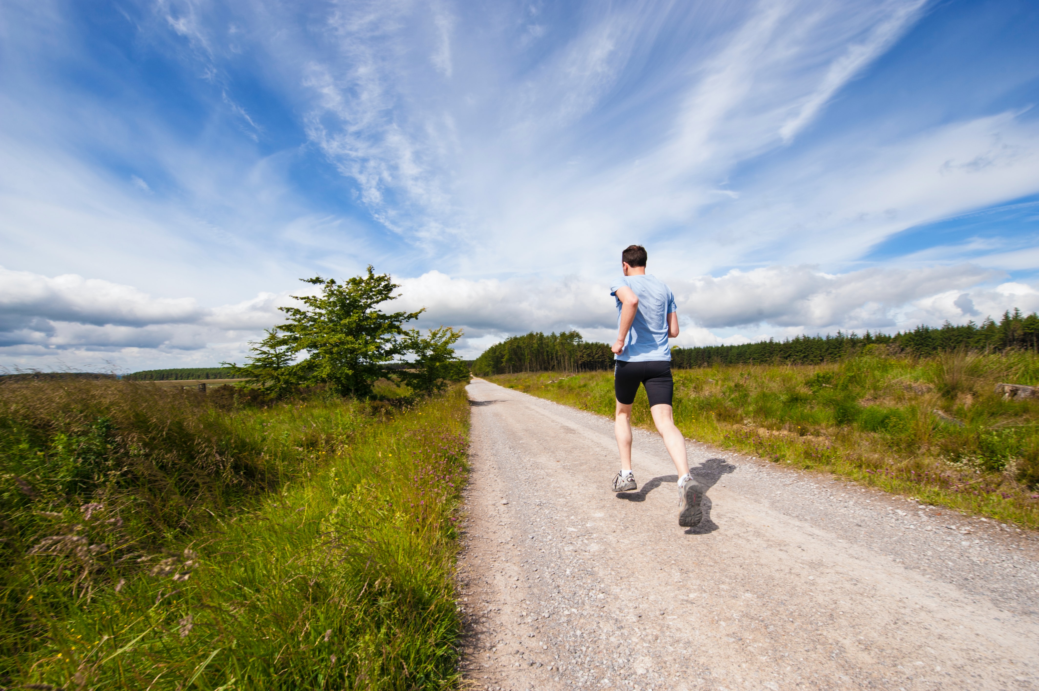 Someone running down a country trail.