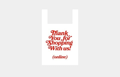 A digital render of a white shopping bag with the words 'Thank you for shopping with us (online)' written in red
