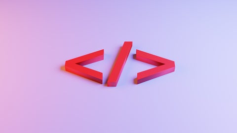 The coding symbol </> in red against a pink and purple background