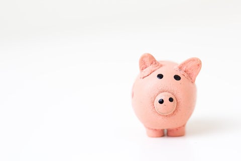 A pink, plush piggybank set in front of a white background