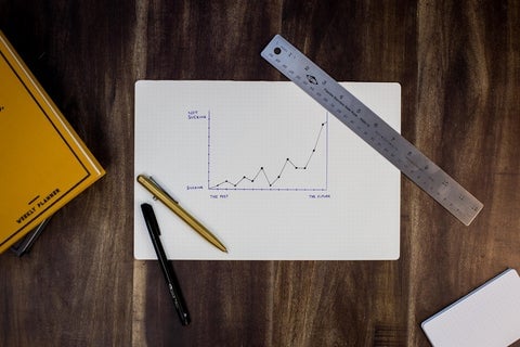 A white piece of paper sitting on a brown wooden table, with a pen, pencil and ruler nearby. The paper shows an upward trending graph