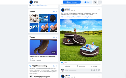 Screenshot of Oreo's Facebook page – showing a fun visualisation of oversized Oreos with people picnic-ing on them