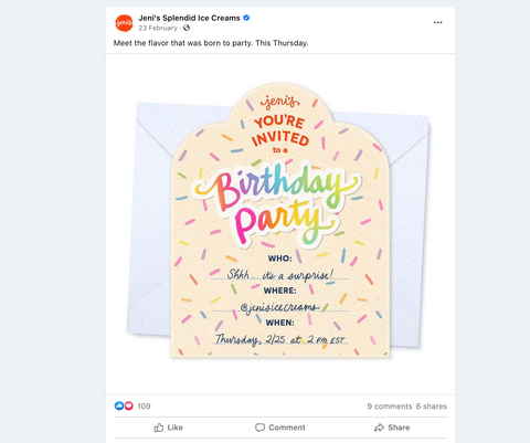 Screenshot of Jeni's Ice-cream's 'invitation' to their birthday party event