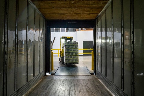 A view from the inside of a food distribution truck