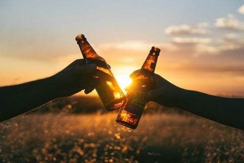 Two arms extended, clinking beer bottles in front of a sunset
