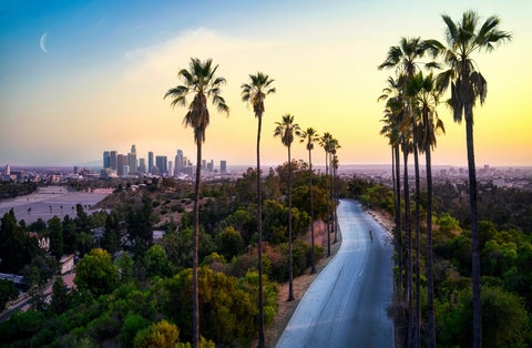 An LA city skyline at sunset
