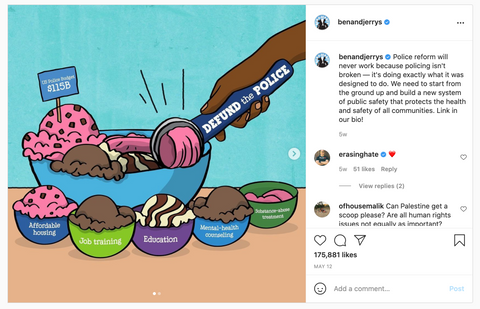 Ben and Jerry's Instagram post about defunding the police