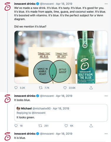 Innocent drinks tweet arguing whether a new smoothie is green or blue