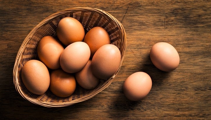 overhead view of basket of brown eggs