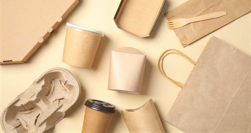 overhead view of recyclable bags and cups