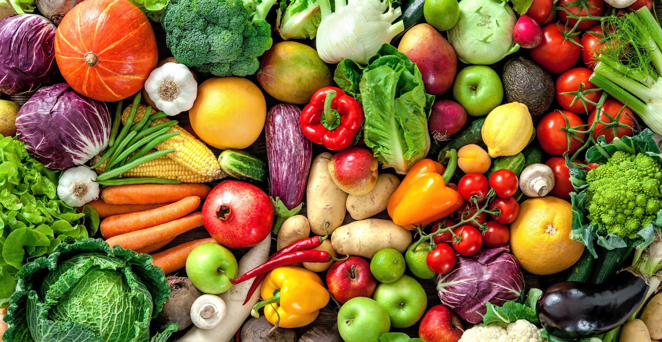 brilliant brightly colored display of organic fruit and vegetables